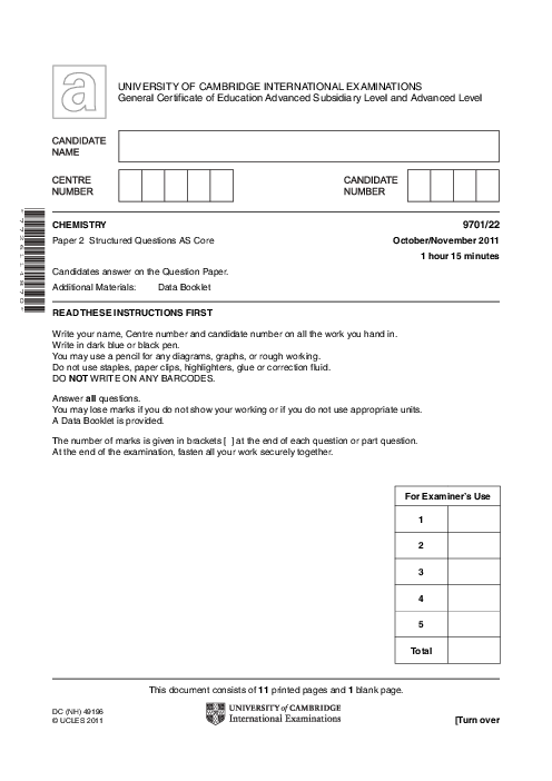 Chemistry 9701/22 Oct Nov 2011 | Cambridge AS Level Past Papers With Mark Scheme