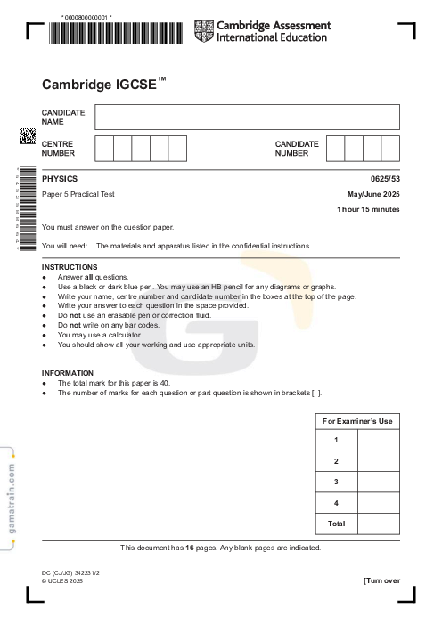 Physics 0625/53 May June 2025