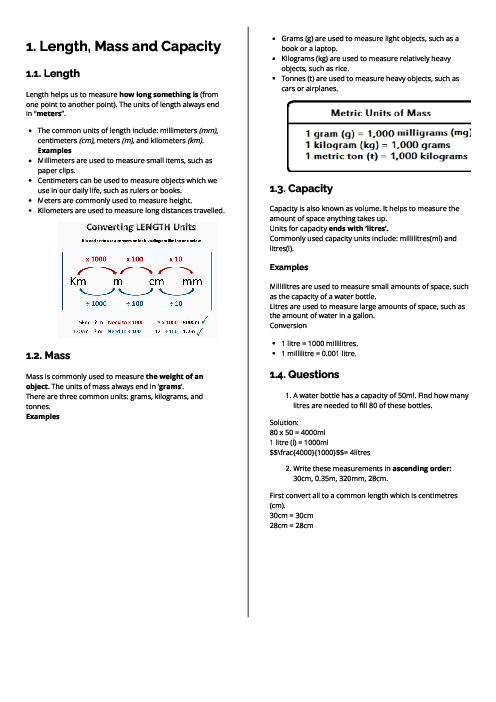 Checkpoint Mathematics | Length, Mass and Capacity Revision Note