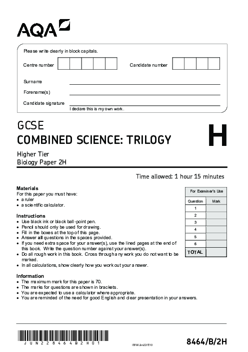 Combined Science 8464/2H June 2022