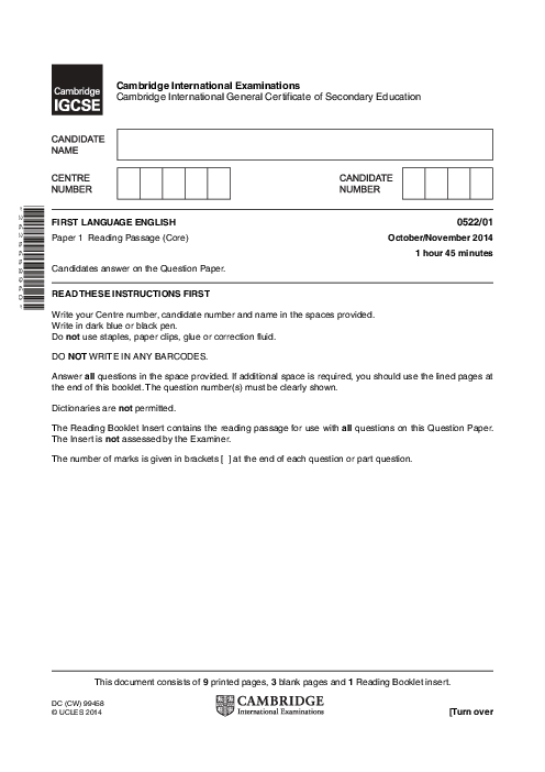 English-First Language (UK) 0522/01 Oct Nov 2014