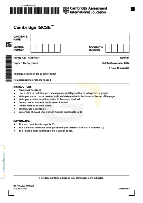 Physical Science 0652/31 Oct Nov 2024