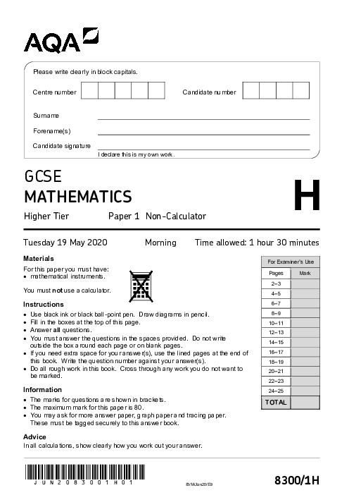 Mathematics 8300/1H June 2020