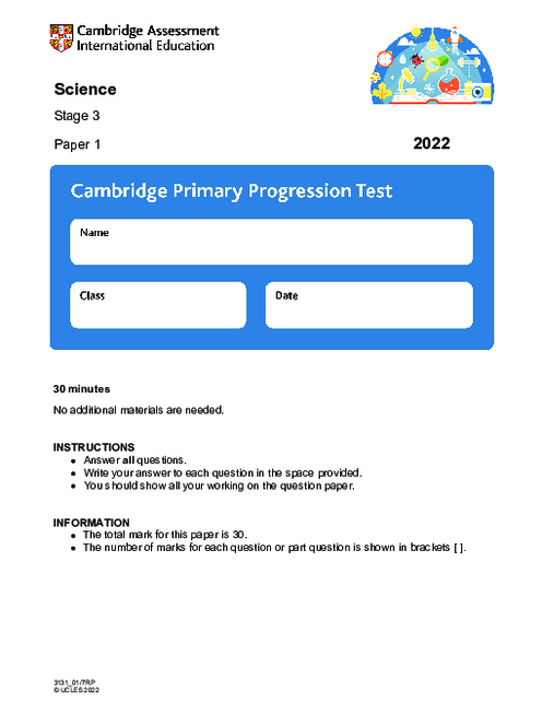 Cambridge Progression Test Stage 3 Science 2022 Paper 1 With Mark Scheme