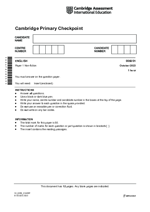 ENGLISH 0058,01 October 2023 | Cambridge Primary Checkpoint Past Papers and Mark Schemes