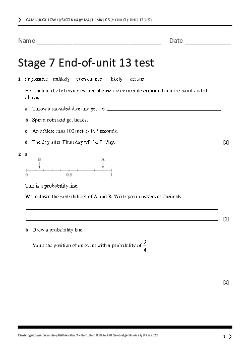 Year 7 Mathematics End of Unit 13 Test - Answers Included