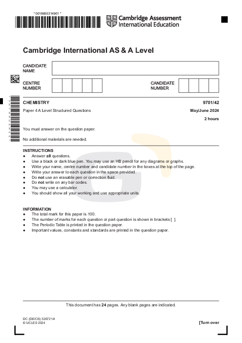 Chemistry 9701/42 May June 2024 | Cambridge AS Level Past Papers With Mark Scheme