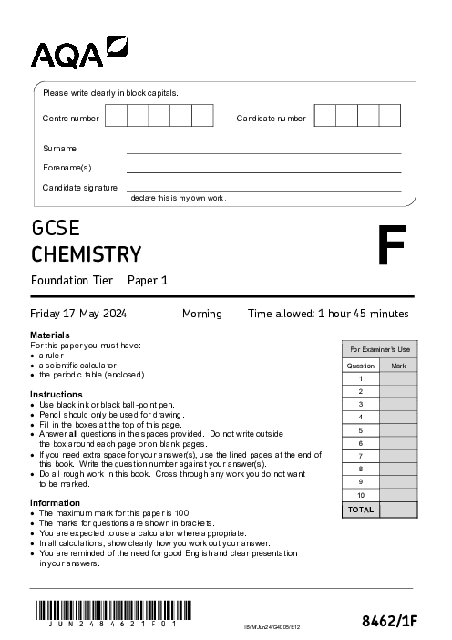 Chemistry 8462/1F June 2024