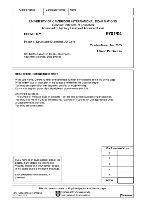 Chemistry 9701/05 Oct Nov 2005 | Cambridge AS Level Past Papers With Mark Scheme