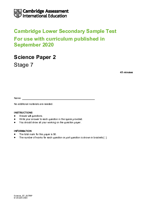 Cambridge Progression Test Stage 7 Science 2020 Paper 2