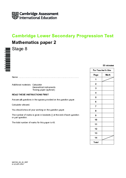 Progression Test Stage 8 Mathematics 2018 Paper 2