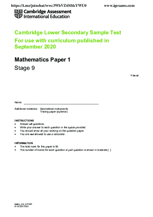 Cambridge Progression Test Stage 9 Mathematics 2020 Paper 1
