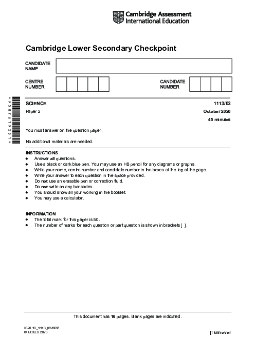 SCIENCE 1113,02 October 2020 | Cambridge Lower secondary Checkpoint Past Papers with Mark Schemes