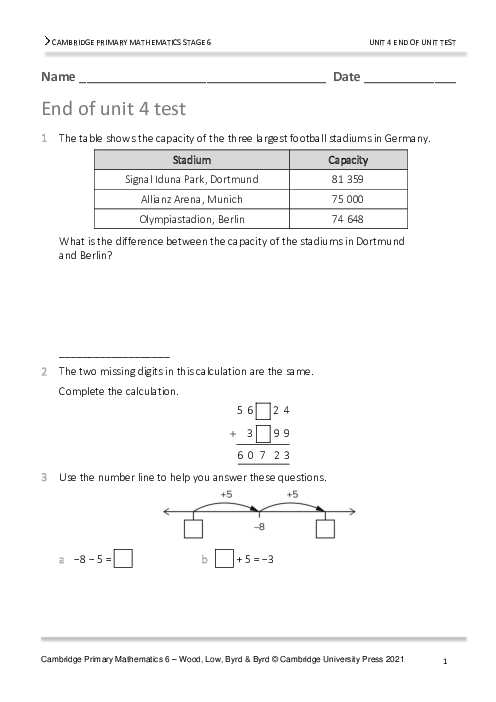 Year 6 Mathematics End of Unit 4 Test - Answers Included