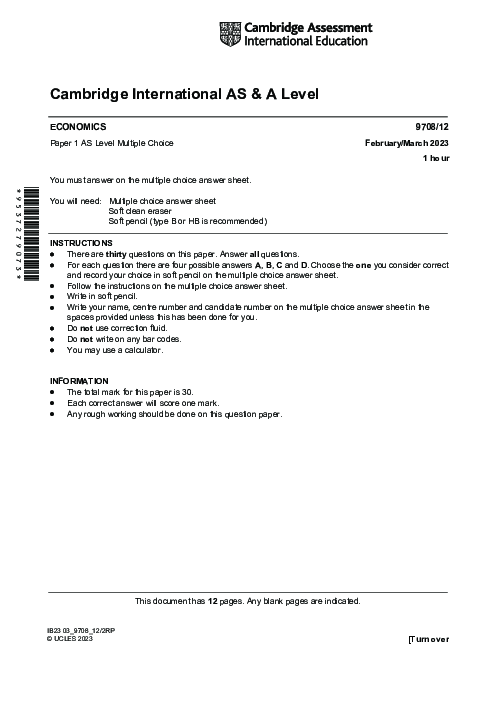 Paper 1, Variant 2, March 2023 | Cambridge AS - A Level Economics (9708) Past Papers