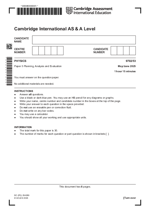 Physics 9702/53 May June 2025