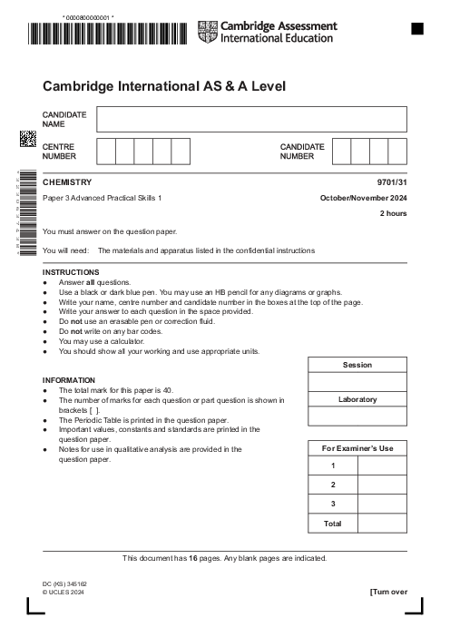 Chemistry 9701,31 Oct Nov 2024 | Cambridge AS - A Level Past Papers With Mark Scheme