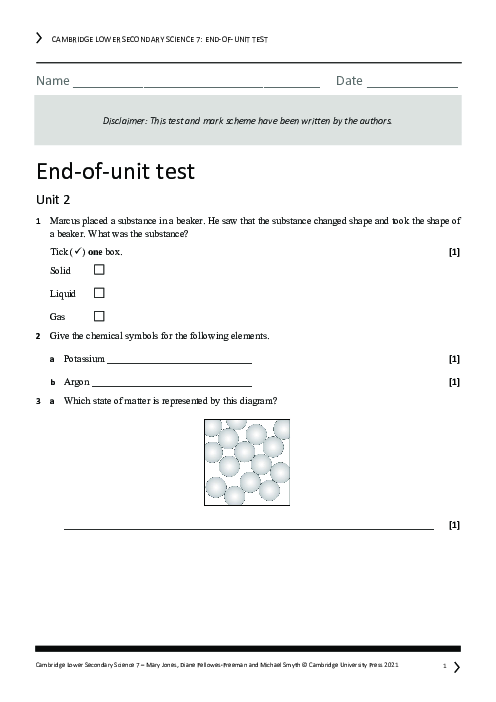Year 7 Science End of Unit 2 Test - Answers Included