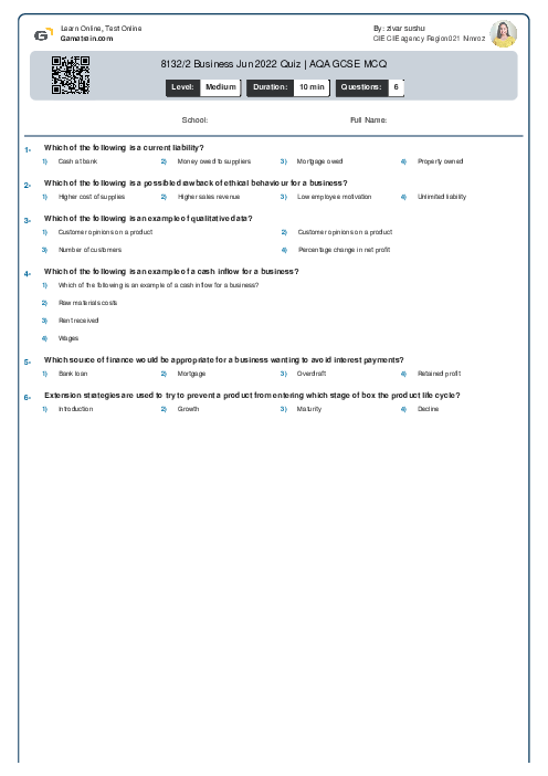 8132/2 Business Jun 2022 Quiz | AQA GCSE MCQ