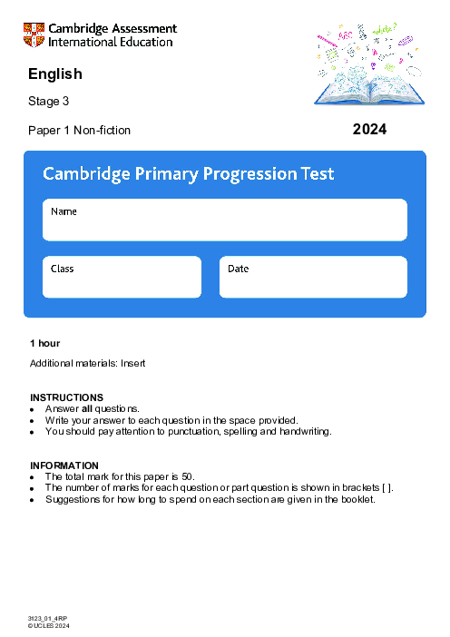 Cambridge Progression Test Stage 3 English 2024 Paper 1
