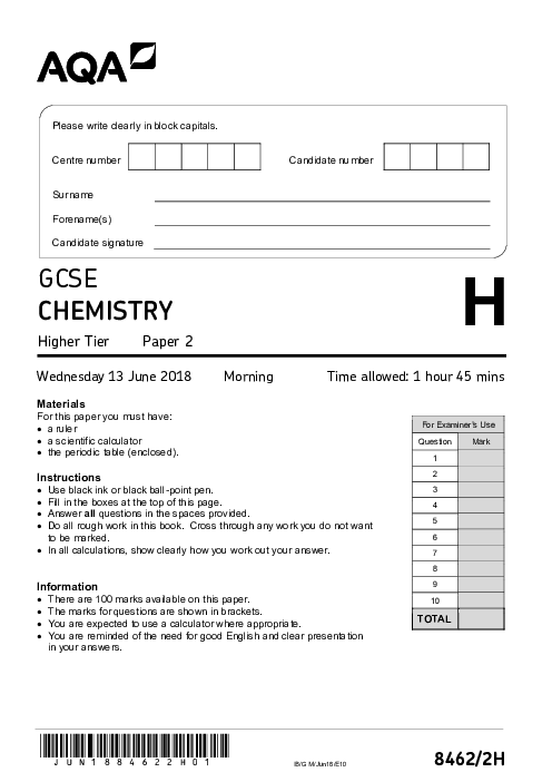 Chemistry 8462/2H June 2018