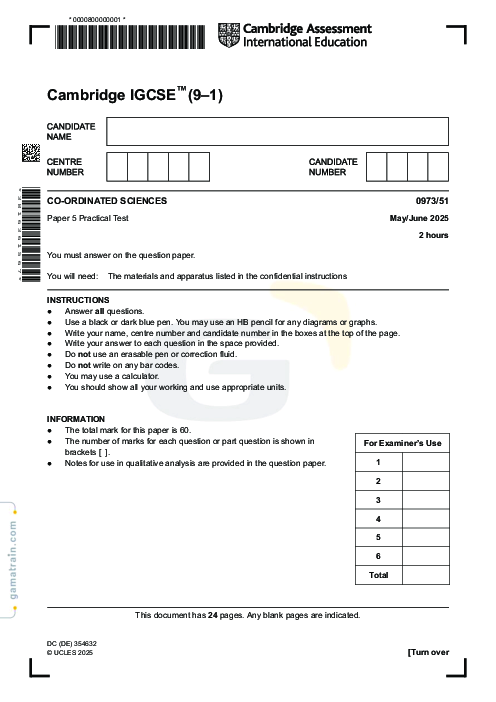 Sciences - Co-ordinated 0973/51 May June 2025