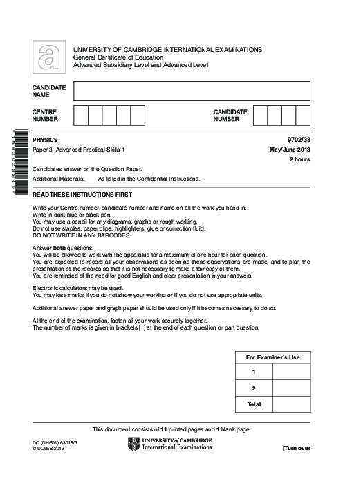 Paper 3, Variant 1, May June 2013 | Cambridge AS - A Level Physics (9702) Past Papers