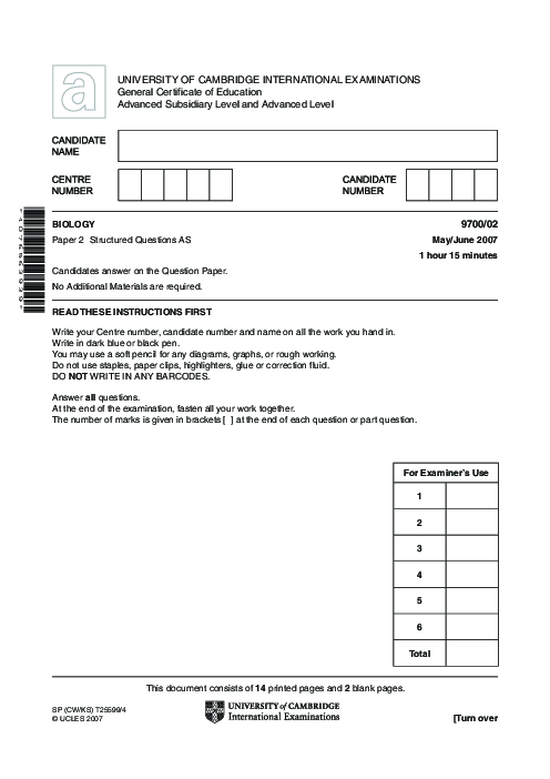 Biology 9700/01 May June 2007 | Cambridge AS Level Past Papers With Mark Scheme