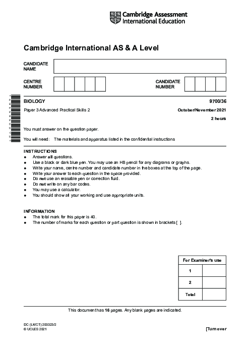 Biology 9700/36 Oct Nov 2021 | Cambridge AS Level Past Papers With Mark Scheme