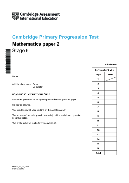 Cambridge Progression Test Stage 6 Mathematics 2018 Paper 2