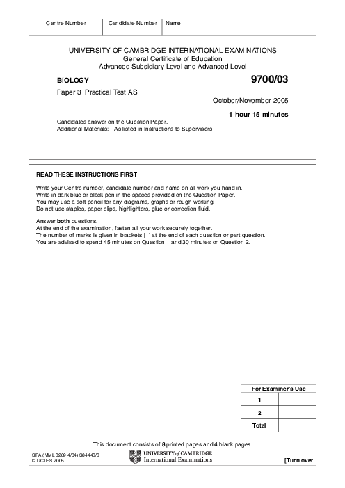Paper 2, Oct Nov 2005 | Cambridge AS - A Level Biology (9700) Past Papers