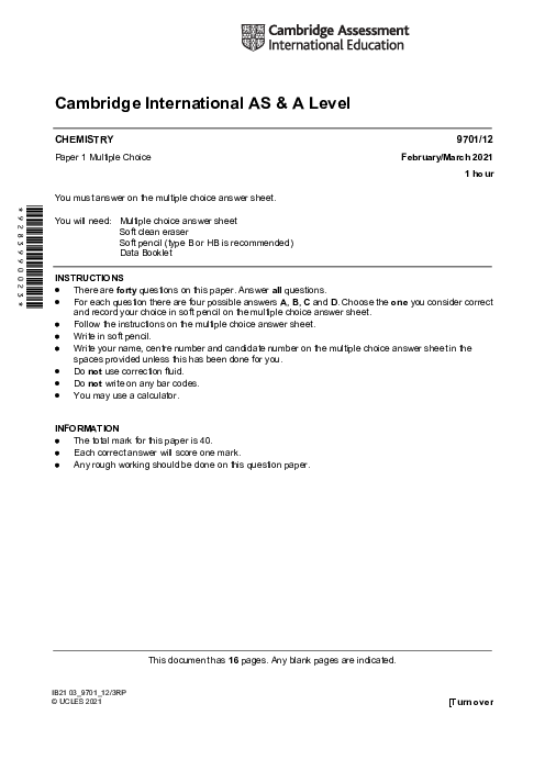 Chemistry 9701/53 Oct Nov 2020 | Cambridge AS Level Past Papers With Mark Scheme