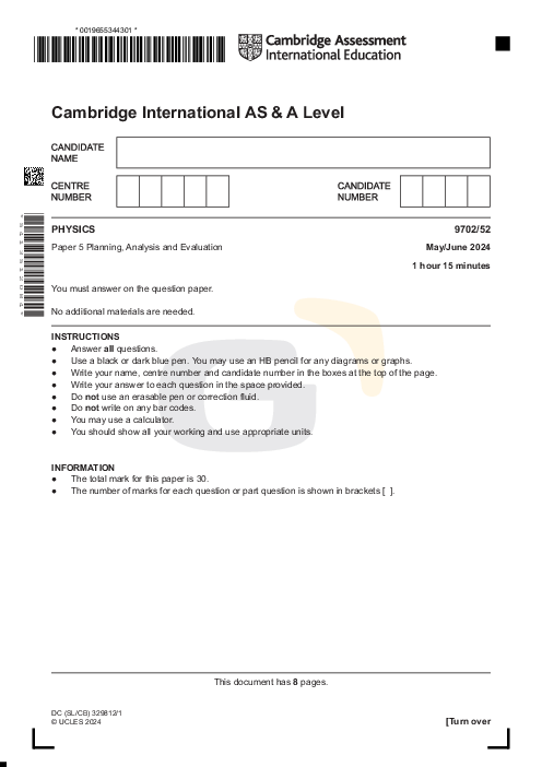 Physics 9702/52 May June 2024 | Cambridge AS Level Past Papers With Mark Scheme