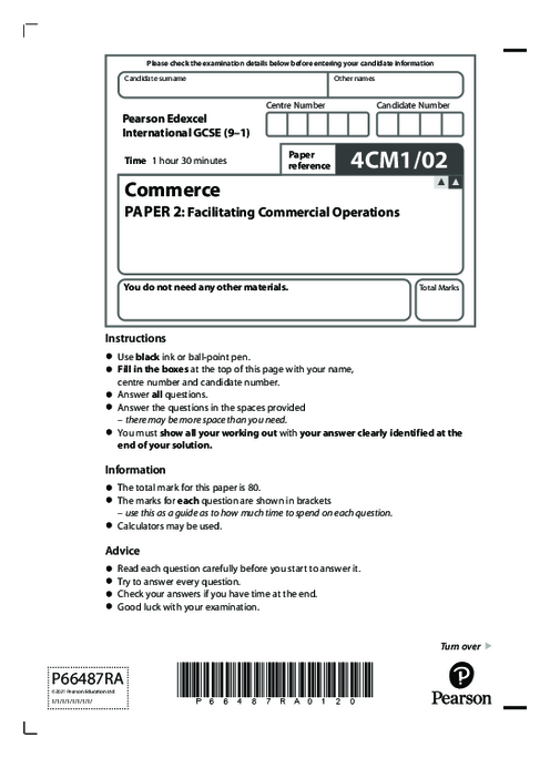 Commerce 4CM1/02 June  2021 | Edexcel   IGCSE Past Papers With Mark Scheme