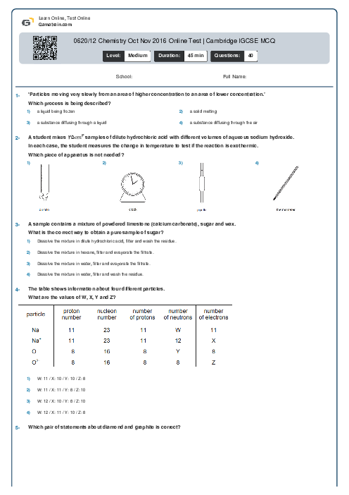 0620/12 Chemistry Oct Nov 2016 Online Test | Cambridge IGCSE MCQ