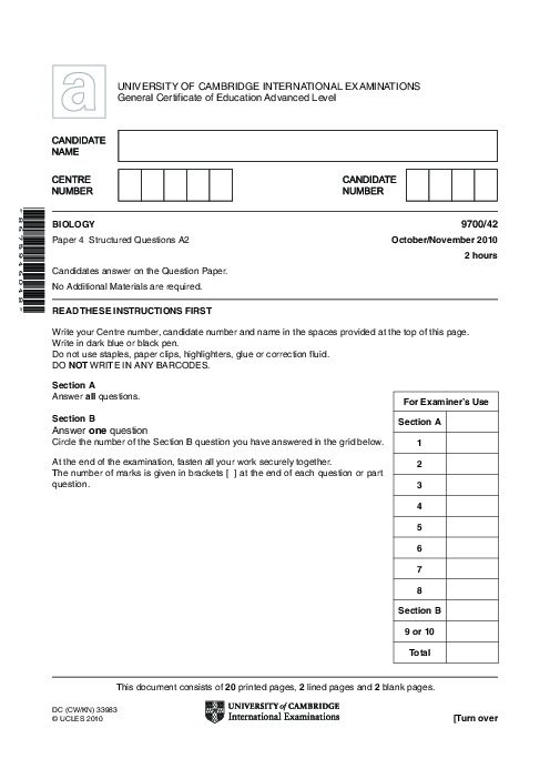 Biology 9700/43 Oct Nov 2010 | Cambridge AS Level Past Papers With Mark Scheme