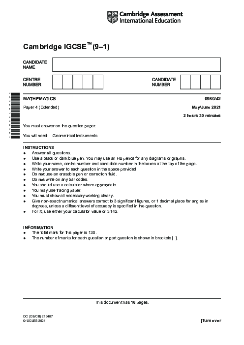 Paper 1, Variant 1, Oct Nov 2021 | Cambridge 9–1 GCSE  Mathematics (0980) Past Papers