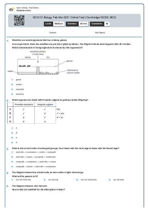 0610/12 Biology Feb Mar 2021 Online Test | Cambridge IGCSE MCQ