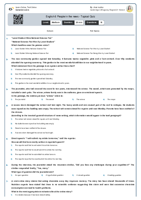  English 6 | People in the news - Topical Quiz