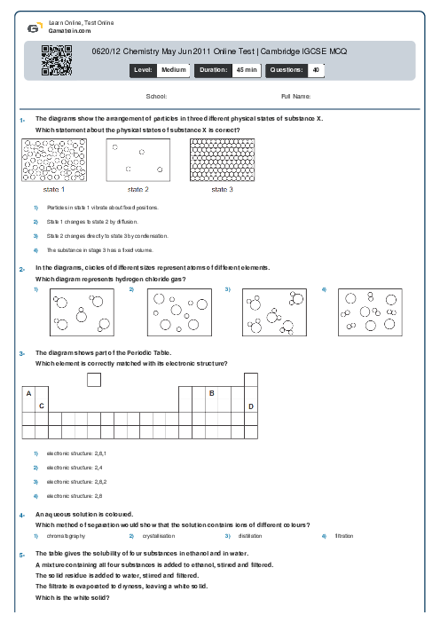 0620/12 Chemistry May Jun 2011 Online Test | Cambridge IGCSE MCQ