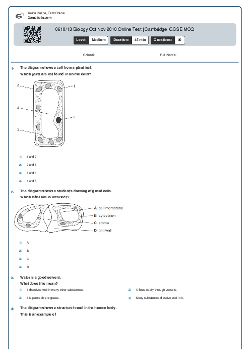 0610/13 Biology Oct Nov 2010 Online Test | Cambridge IGCSE MCQ