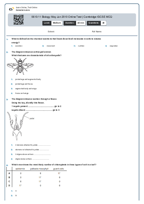 0610/11 Biology May Jun 2010 Online Test | Cambridge IGCSE MCQ