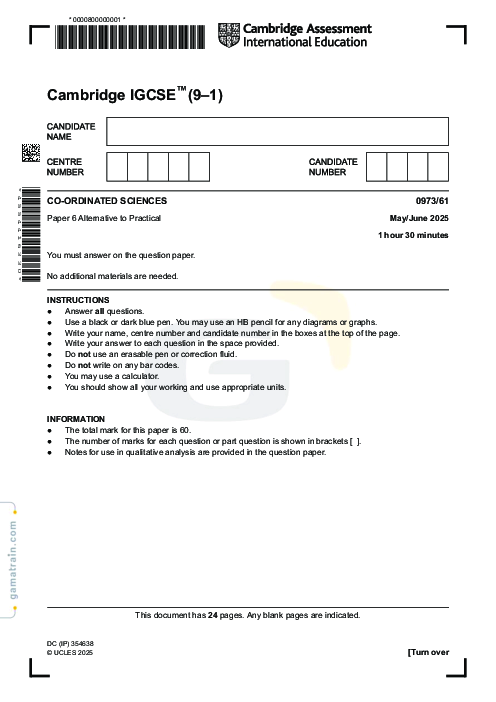 Sciences - Co-ordinated 0973/61 May June 2025