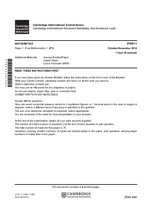 Mathematics 9709/41 May June 2014 | Cambridge AS & A Level Past Papers With Mark Scheme