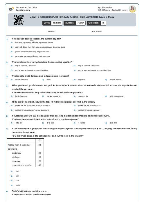 0452/13 Accounting Oct Nov 2023 Online Test | Cambridge IGCSE MCQ