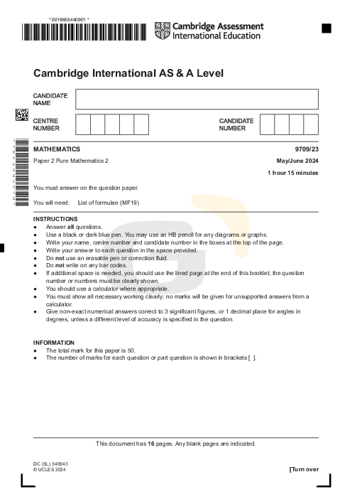 Mathematics 9709/23 May June 2024 | Cambridge AS & A Level Past Papers With Mark Scheme