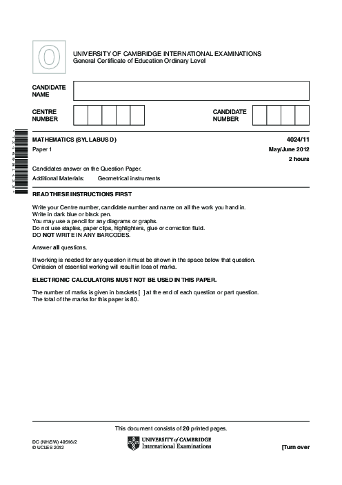 Mathematics Syllabus D 4024/22 Oct Nov 2011