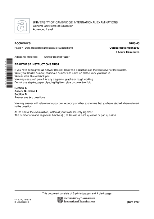 Economics 9708/43 Oct Nov 2010 | Cambridge AS Level Past Papers With Mark Scheme