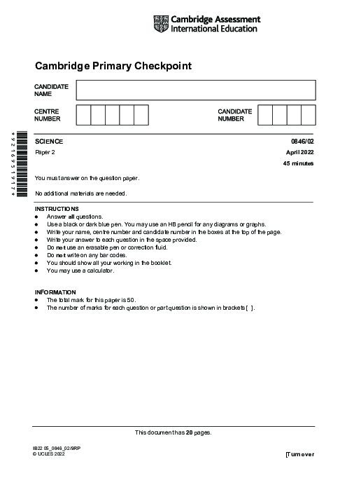 SCIENCE 0846,02 April 2022 | Cambridge Primary Checkpoint Past Papers with Mark Schemes