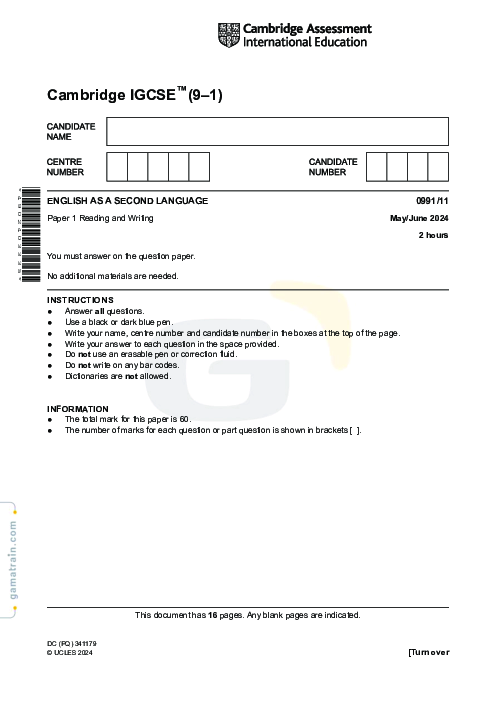 English as a Second Language 0991/11 May June 2024